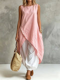 Solid-color Pockets Sleeveless Loose-fit Midi Skirt Set