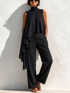 Women's Solid-color Sleeveless Chiffon Set: Stand-collar Loose Casual Top & High-waisted Wide-leg Pants