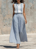 Casual Sleeveless Linen-cotton Top And Striped Wide-leg Pants Two-piece Set