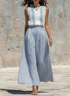 Casual Sleeveless Linen-cotton Top And Striped Wide-leg Pants Two-piece Set