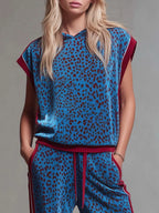 Leopard Print Hooded Sleeveless Top And Velvet Trousers Set