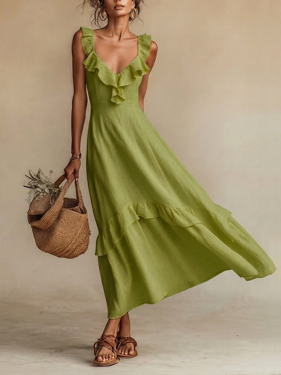 Elegant Ruffled Linen And Cotton Dress