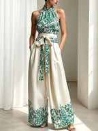 Stylish And Elegant Printed Linen And Cotton Two-piece Top And Pants Set