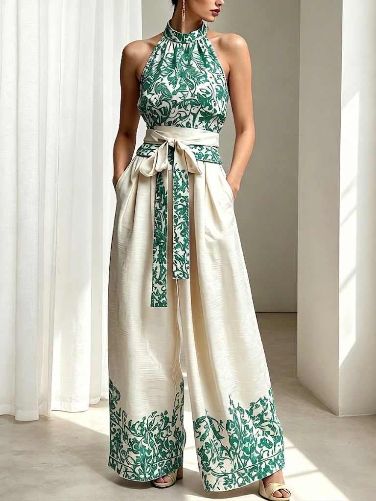Stylish And Elegant Printed Linen And Cotton Two-piece Top And Pants Set