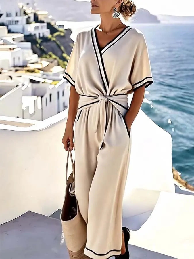 Women'S Loose Striped Printed Knot Wide Leg Pants Set