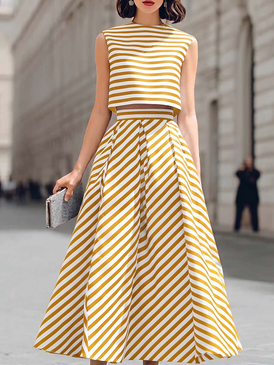 Women's Striped Print Crew Neck Sleeveless Loose-fit Cotton-linen Top & High-waisted A-line Skirt Two-piece Set