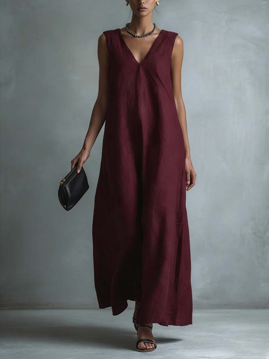 Women's Casual V-neck Sleeveless Cotton Linen Dress