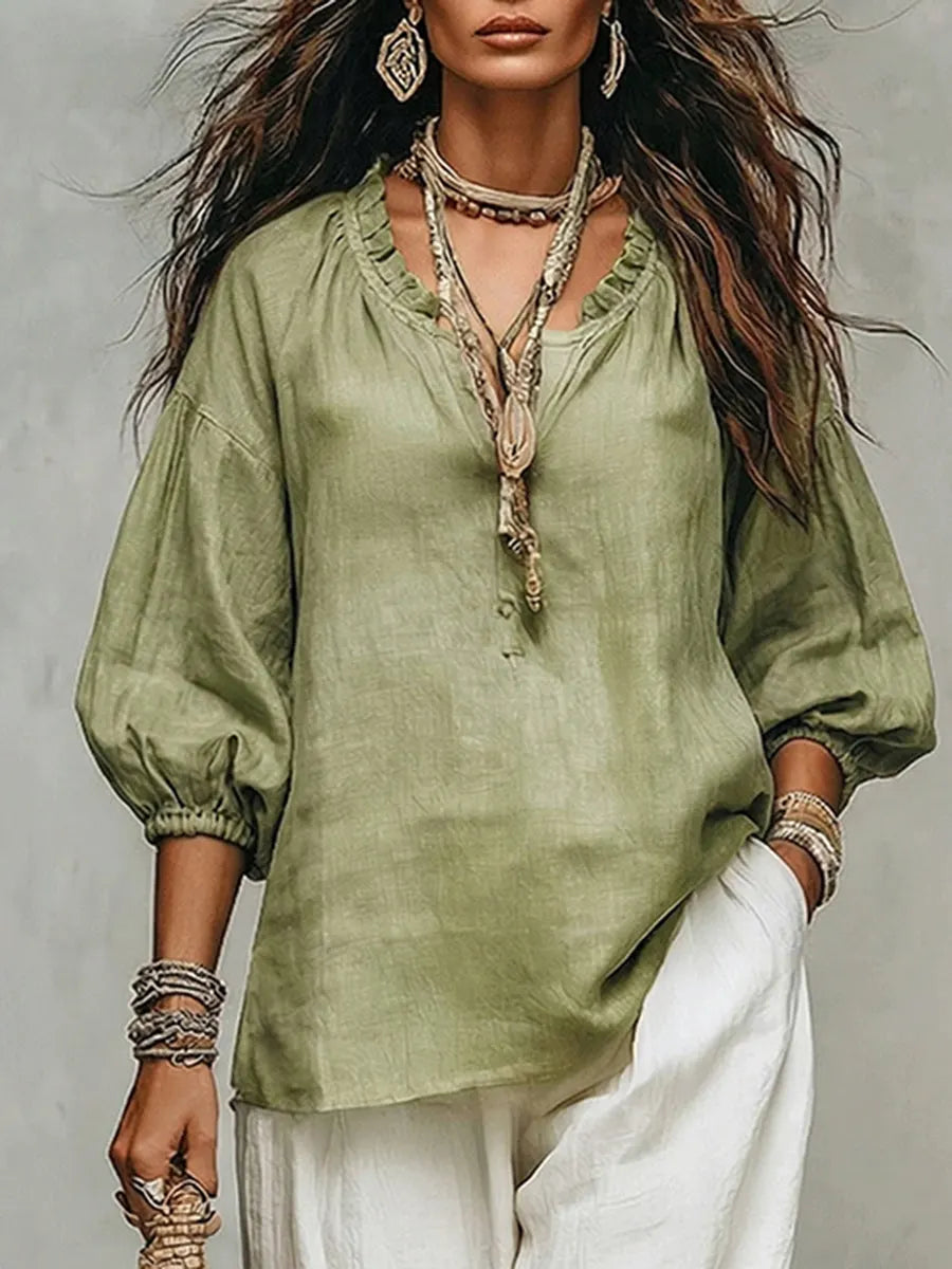 Retro Ruffled Puff-sleeve Cotton-linen Two-piece Set