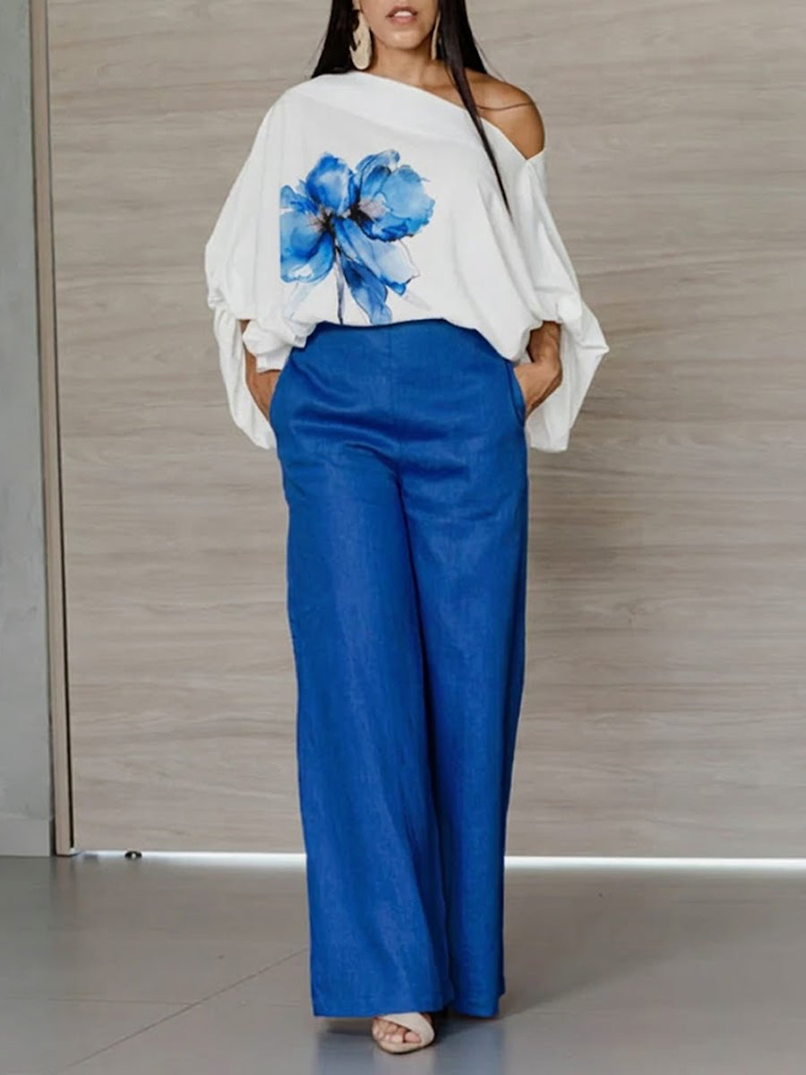 Stylish And Comfortable Two-piece Set: Floral-print Linen-cotton Top And Solid-color Trousers