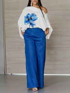 Stylish And Comfortable Two-piece Set: Floral-print Linen-cotton Top And Solid-color Trousers
