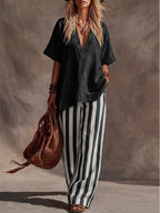 Casual Linen And Cotton Top And Striped Pants Two-piece Set
