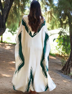 Women's Green Paintbrush Symphony Linen V-Neck Long Maxi Dress Gown