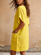 Minimalist & Elegant V-neck Batwing Sleeves Cotton-linen Dress