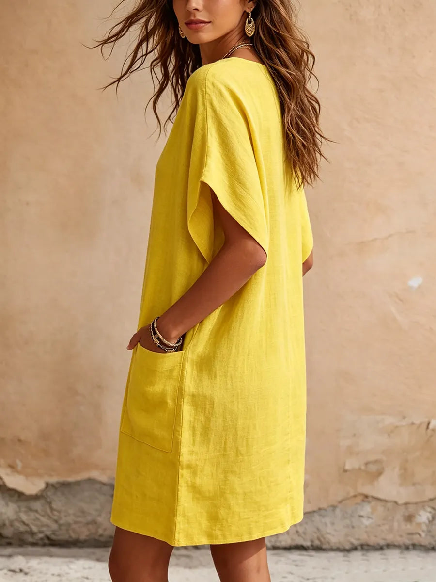 Minimalist & Elegant V-neck Batwing Sleeves Cotton-linen Dress