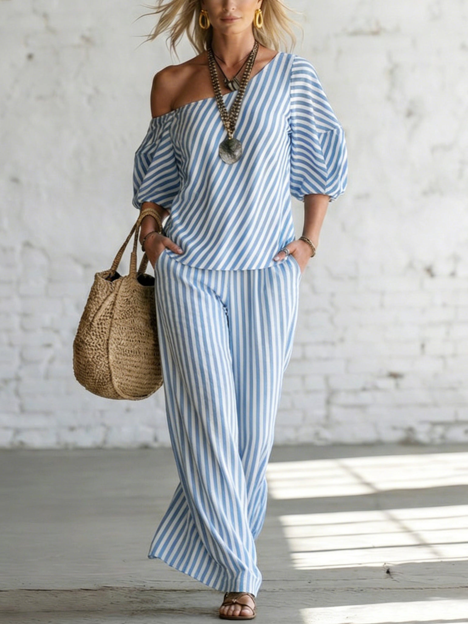 Elegant Classic Striped Off-shoulder Top And Wide-leg Pants Two-piece Set
