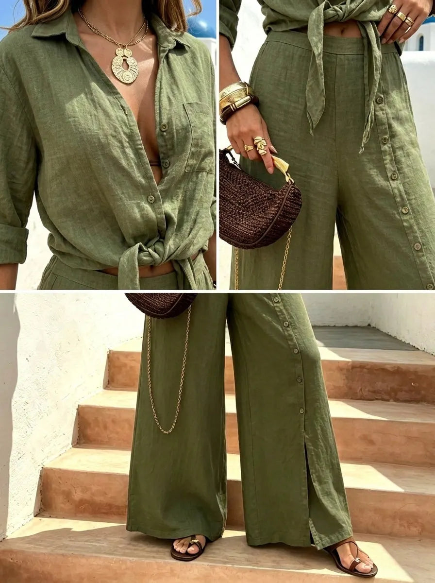 Womenâ€ ̃s Linen-cotton Casual Cardigan With Long Sleeves And Button-fastened Wide-leg Pants Set