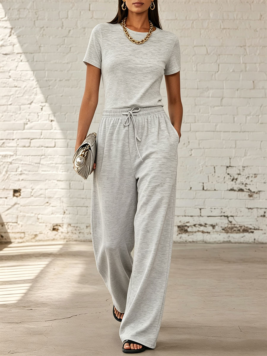 Solid-color Casual Long-sleeve Set: Top & High-waisted Wide-leg Pants