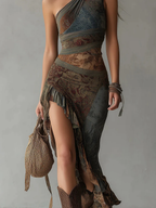 Boho Off-shoulder Asymmetrical Ruffled Hem Stretch Dress