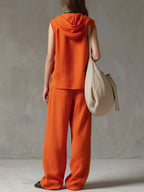 Women's Solid Color Sleeveless Casual Loose Hooded Top and High-Waisted Wide-Leg Cotton Set