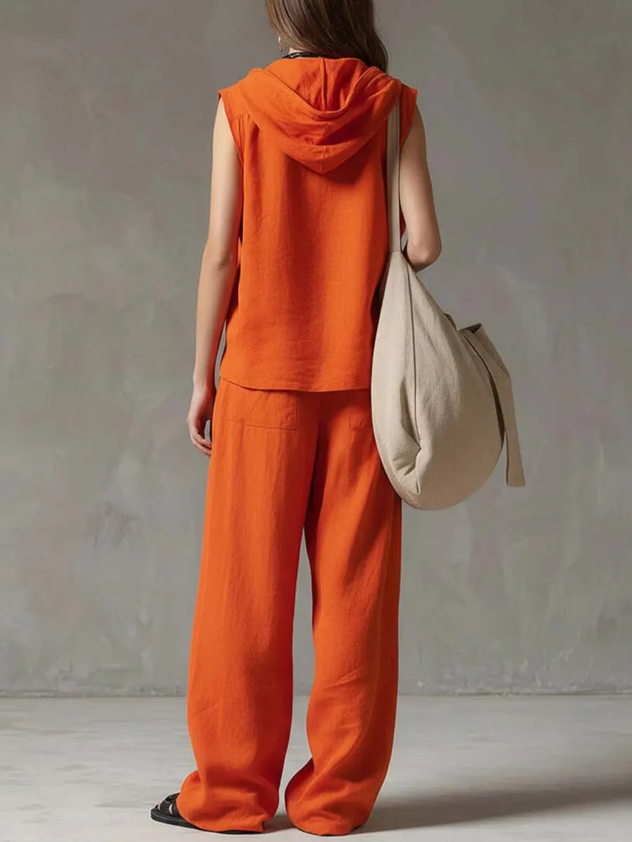 Women's Solid Color Sleeveless Casual Loose Hooded Top and High-Waisted Wide-Leg Cotton Set