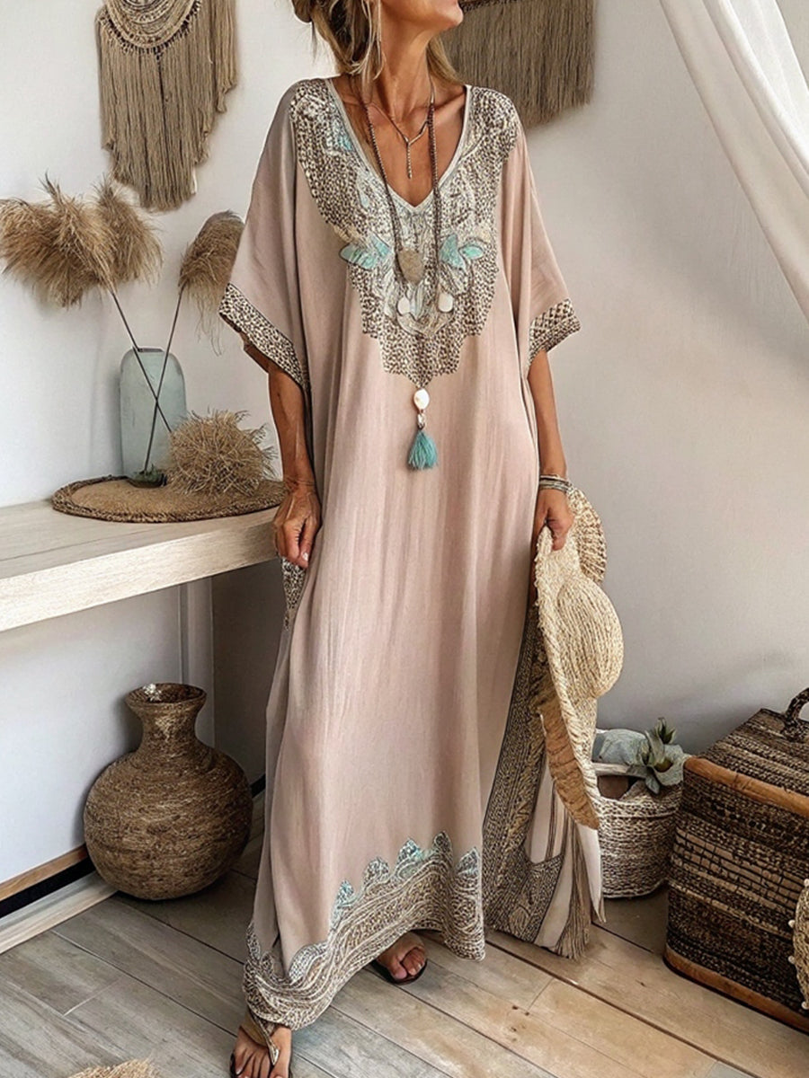 Women's Bohemian Print Casual V-neck Cotton Linen Dress