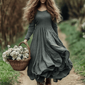 Women's Linen Bohemian Style Solid Casual Simple Long-sleeve Maxi Long Dress
