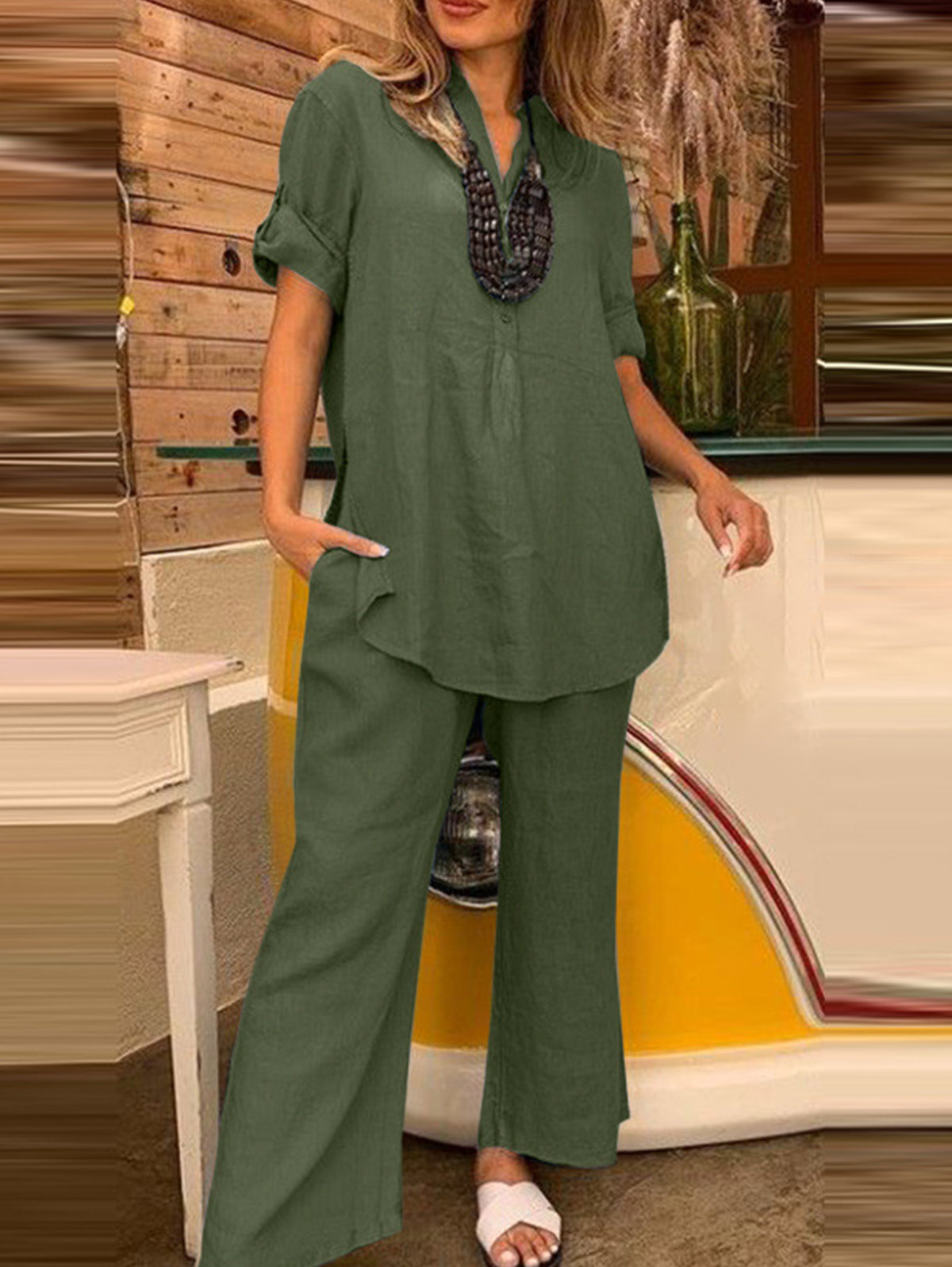 Casual Loose Cotton Top And Wide-leg Pants Set