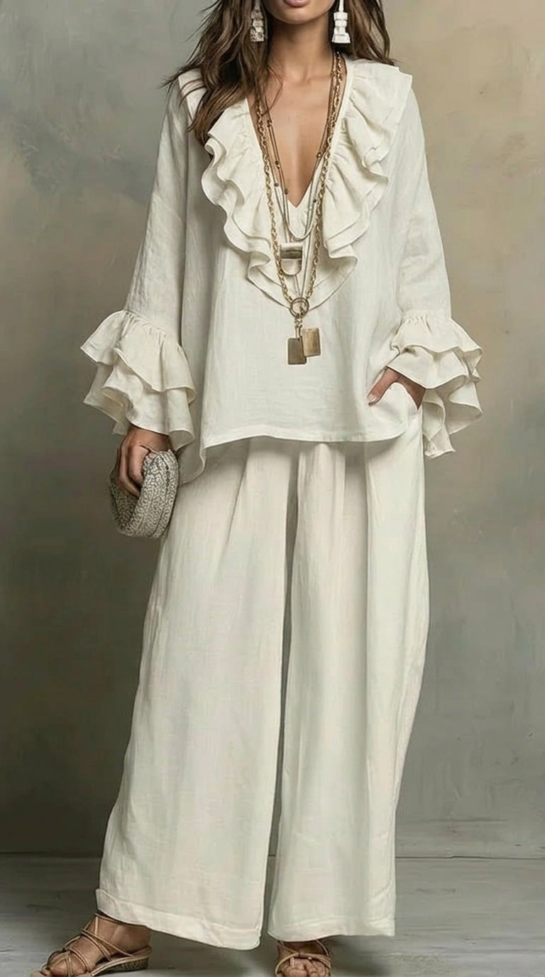 Women's Flowy V-neck Ruffled Cotton-linen Top And Wide-leg Pants Two-piece Set