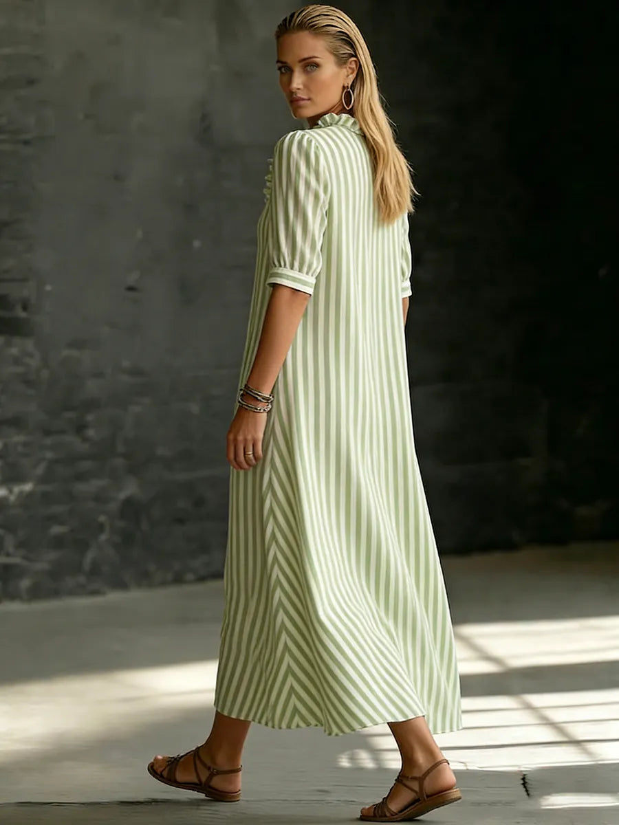 Elegant Ruffled-collar Striped Cotton-linen Dress