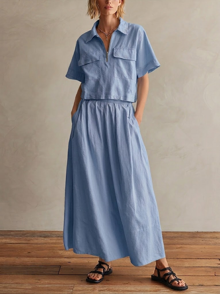 Casual Half-zip Short-sleeved Cotton Top And Skirt Two-piece Set
