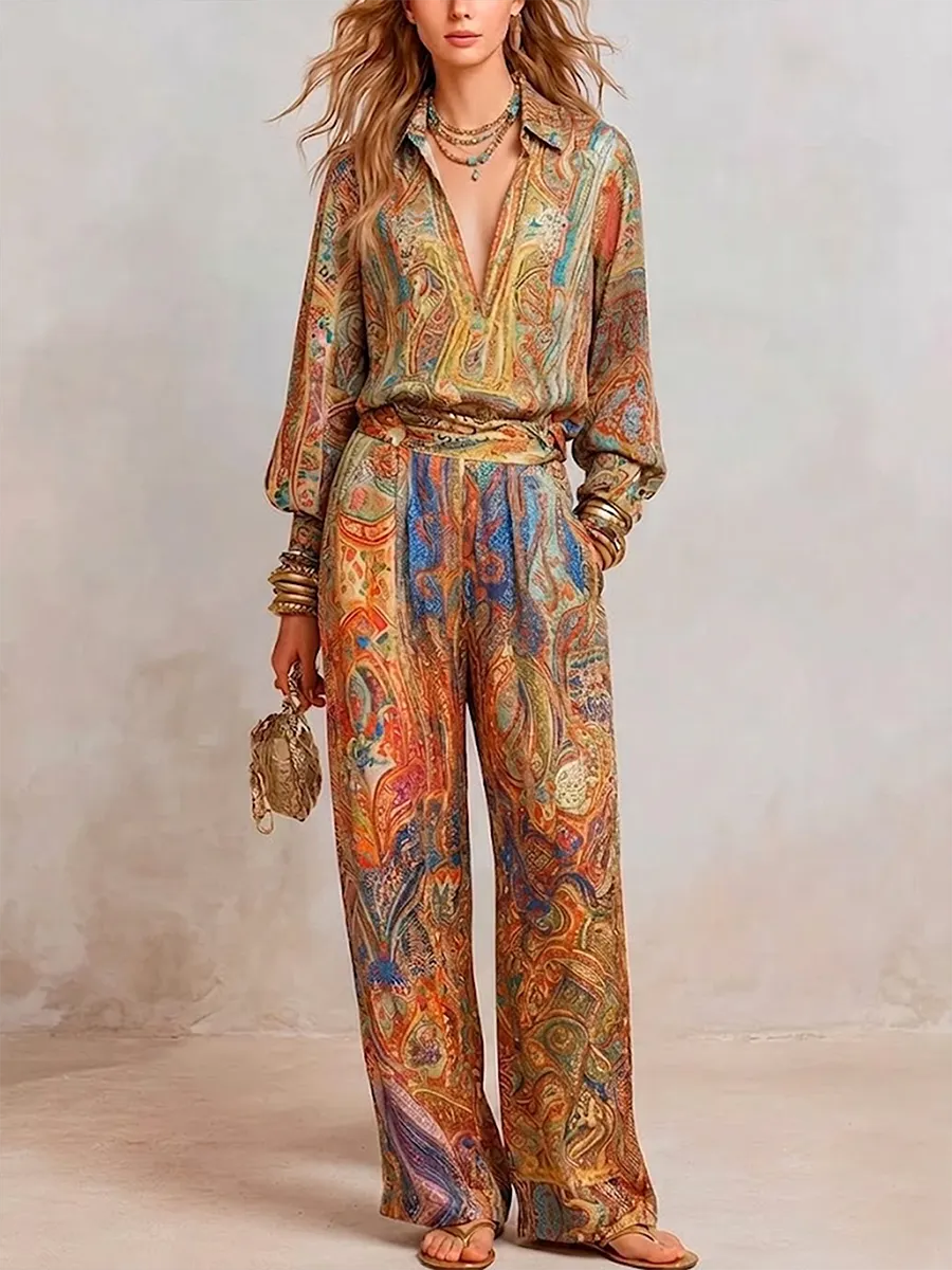 Boho Vintage Print Shirt & Wide-Leg Pants Two-Piece Set