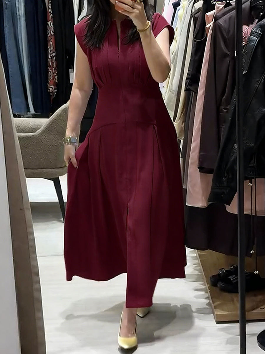 Women's Solid-color V-neck Sleeveless Casual Loose Cotton-linen Dress