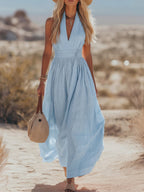Stylish & Sexy Halter-neck Cotton-linen Maxi Dress