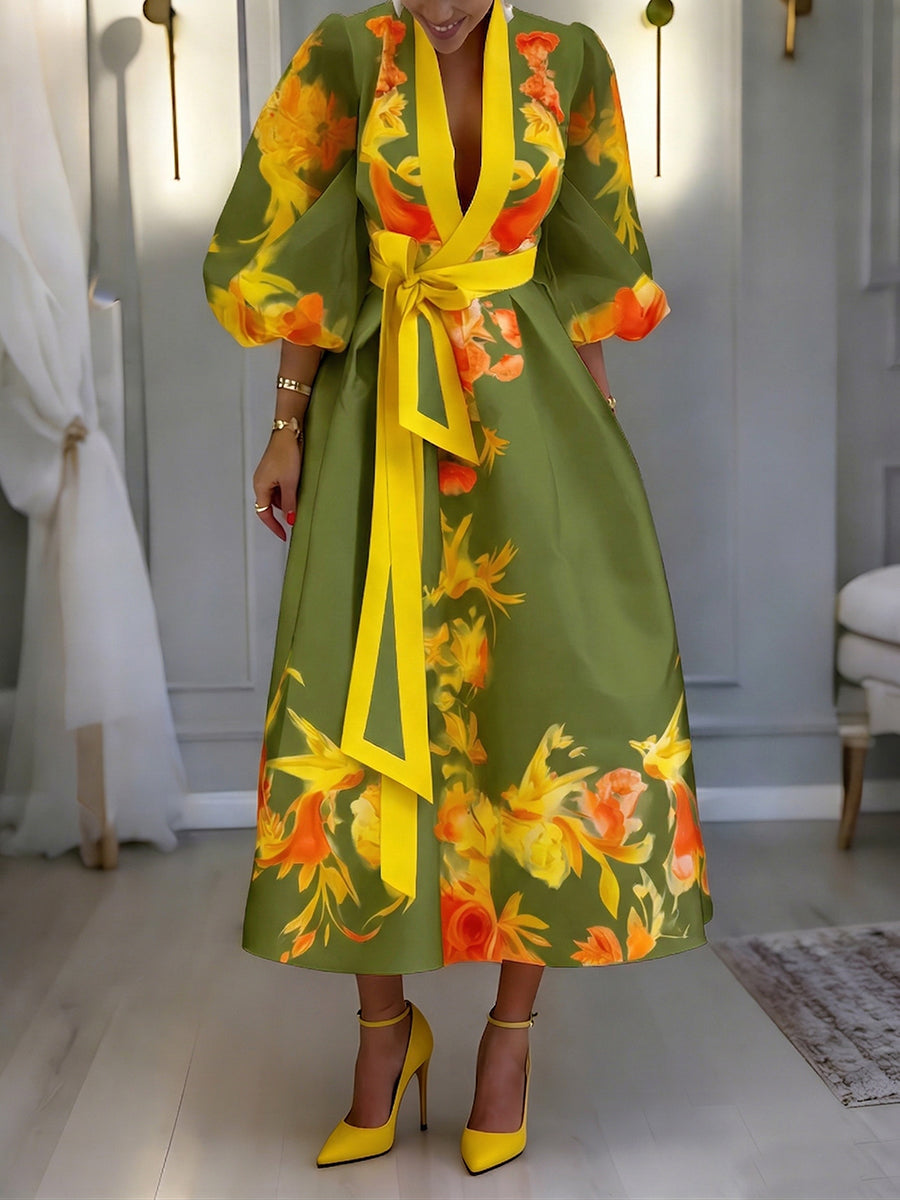 Elegant Retro Color-block Floral Print Dress With Belt