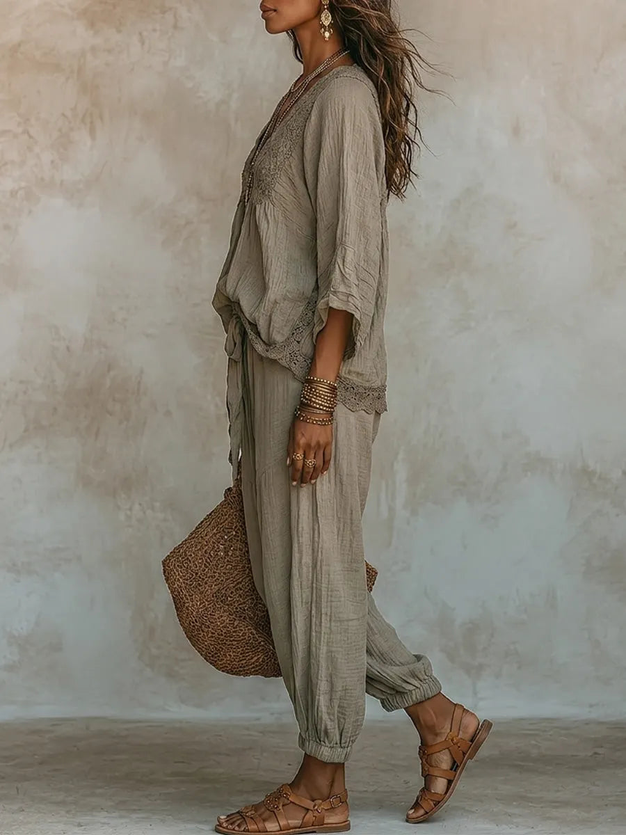 Lace-trimmed Crinkled Cotton-linen Top + Harem Pants Set