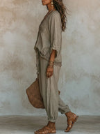 Lace-trimmed Crinkled Cotton-linen Top + Harem Pants Set