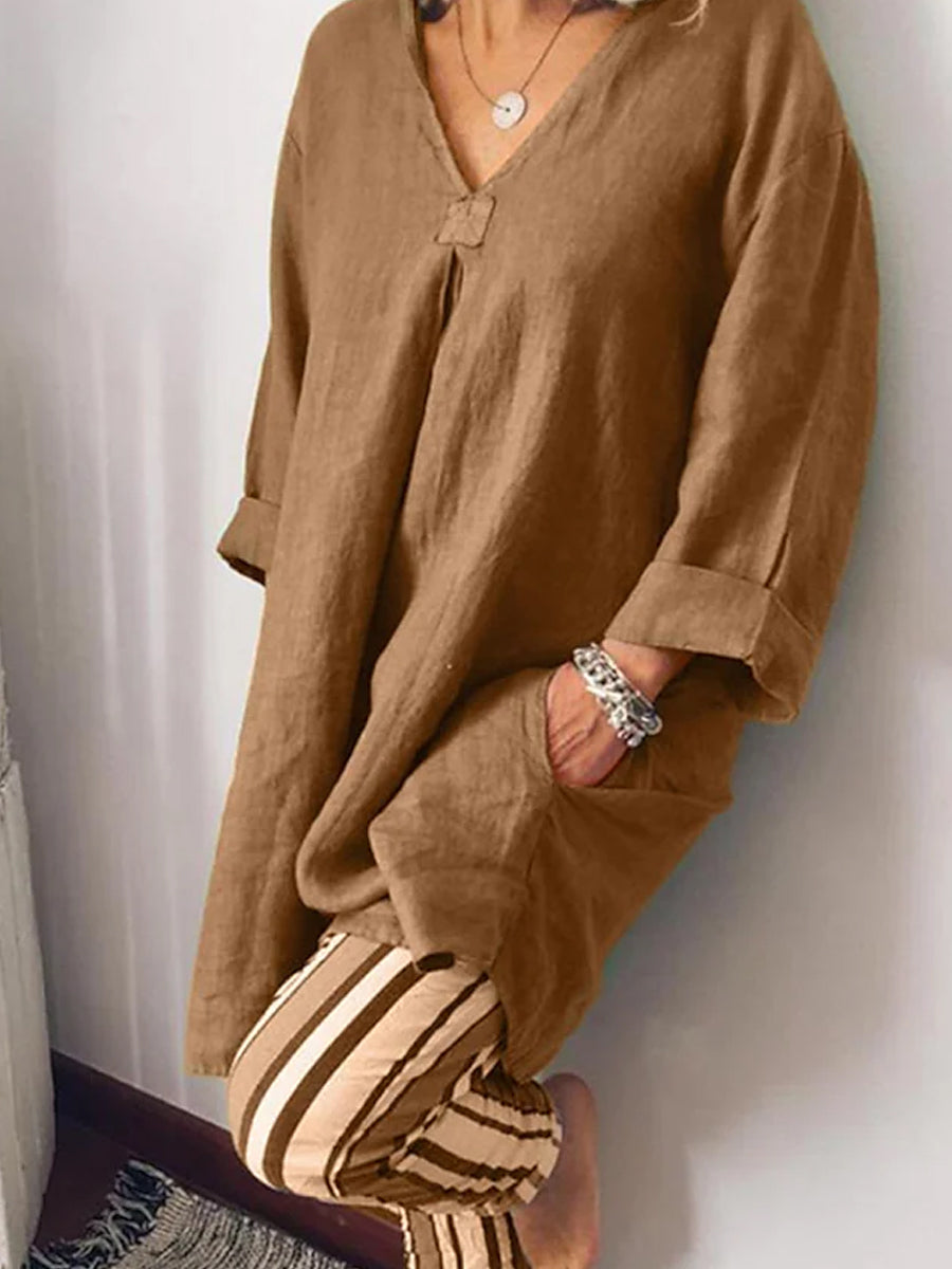 Casual Plain V Neck Long Sleeve Loose Shirt & Striped Pants 2Ps Set