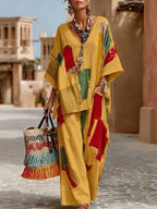 Women's Cotton-linen Set: Abstract Print V-neck 3/4-sleeve Casual Top & High-waisted Loose Wide-leg Pants