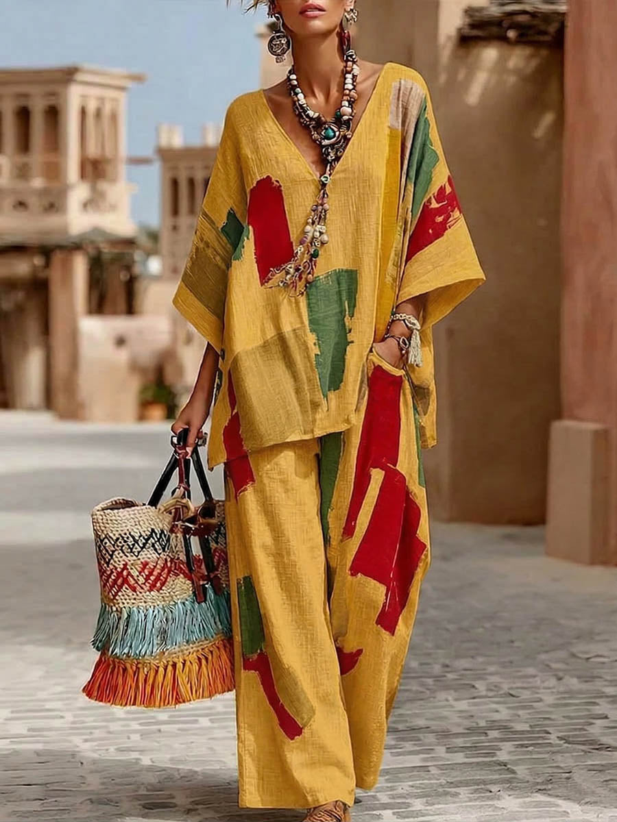 Women's Cotton-linen Set: Abstract Print V-neck 3/4-sleeve Casual Top & High-waisted Loose Wide-leg Pants