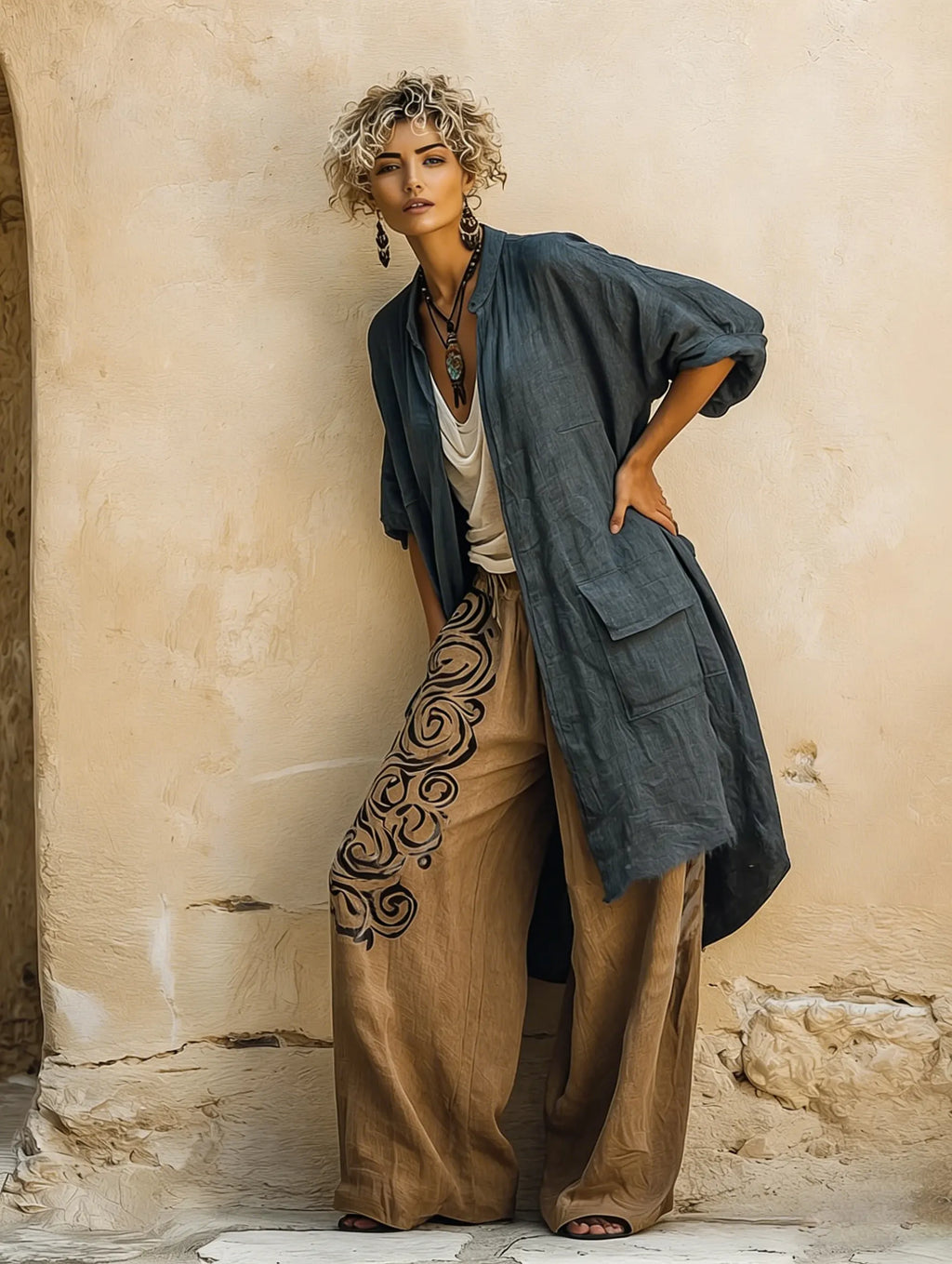 Bohemian Vintage-print Cotton-linen Three-piece Set