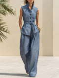Casual Vacation Light Cotton And Linen Top And Wide-leg Pants Set