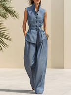 Casual Vacation Light Cotton And Linen Top And Wide-leg Pants Set