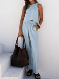 Casual Cozy Back Button Design Linen And Cotton Two-piece Set