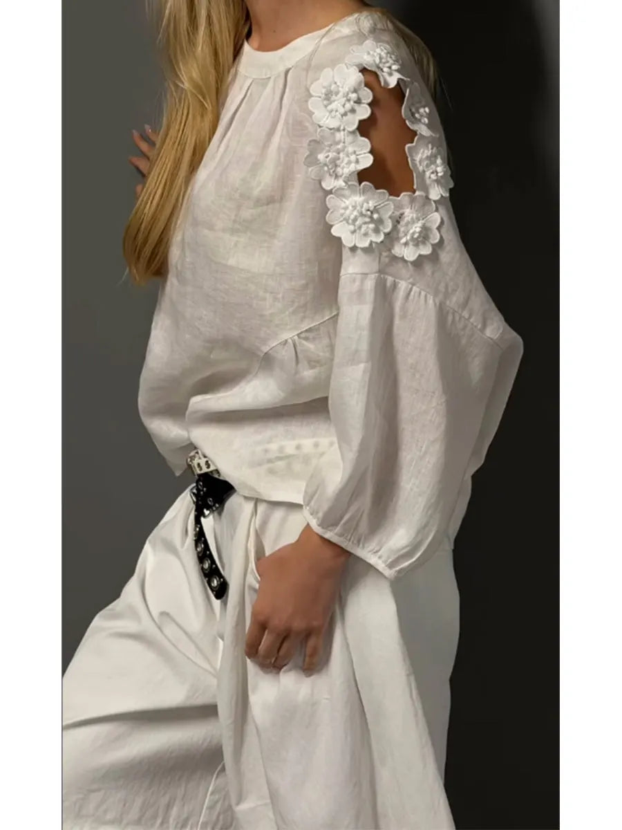 Stylish Casual Two-piece Set: Linen & Cotton Top With 3d Floral Embellishments And Cotton Shorts