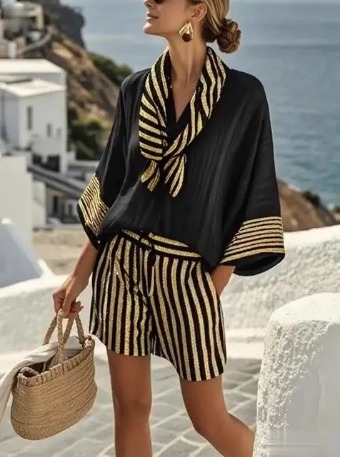 Women'S Casual Cotton And Linen Holiday Striped Print Loose Top Shorts Scarf Set