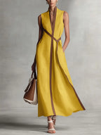 Women's Stand-up Collar Sleeveless Casual Loose Cotton And Linen Dress