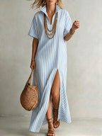 Stylish Stand-collar Striped Loose-fit Cotton-linen Maxi Dress