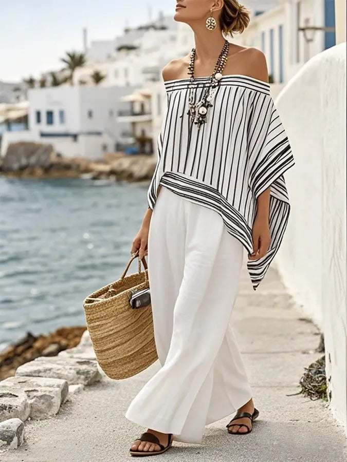 Women'S Loose Casual Striped One-Shoulder Irregular Top And Pants Set