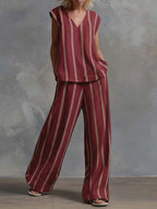 Women's V-neck Sleeveless Cotton Top High-waisted Casual Loose Cotton Wide-leg Pants Set