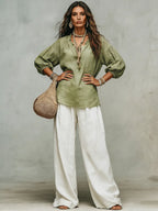 Retro Ruffled Puff-sleeve Cotton-linen Two-piece Set